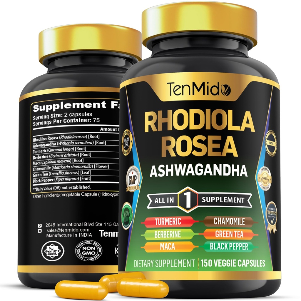 Rhodiola Rosea 补编 - 8in1 配方 - 与 Ashwagandha, Turmeric, Berberine, Maca, Chamomile, 绿茶, 和 Black Pepper - 营养丰富 - 150 Vegan Capsules 结合