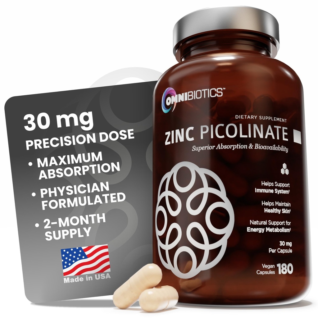 OmniBiotics Zinc Piclinate 30mg 补充 – 对免疫系统、健康皮肤和能源支持的高吸收性锌 – 180 Vegan Capsules