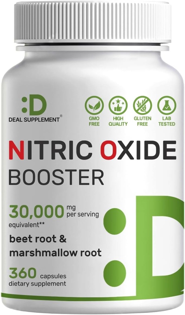 DEL Supplment Nitric Oxide 助推器 30,000mg 等效,360 capsules – 天然甜菜根 & Marshmallow Root 草本植物混合剂 – 推动营养品流向肌肉和心脏 – 非GMO