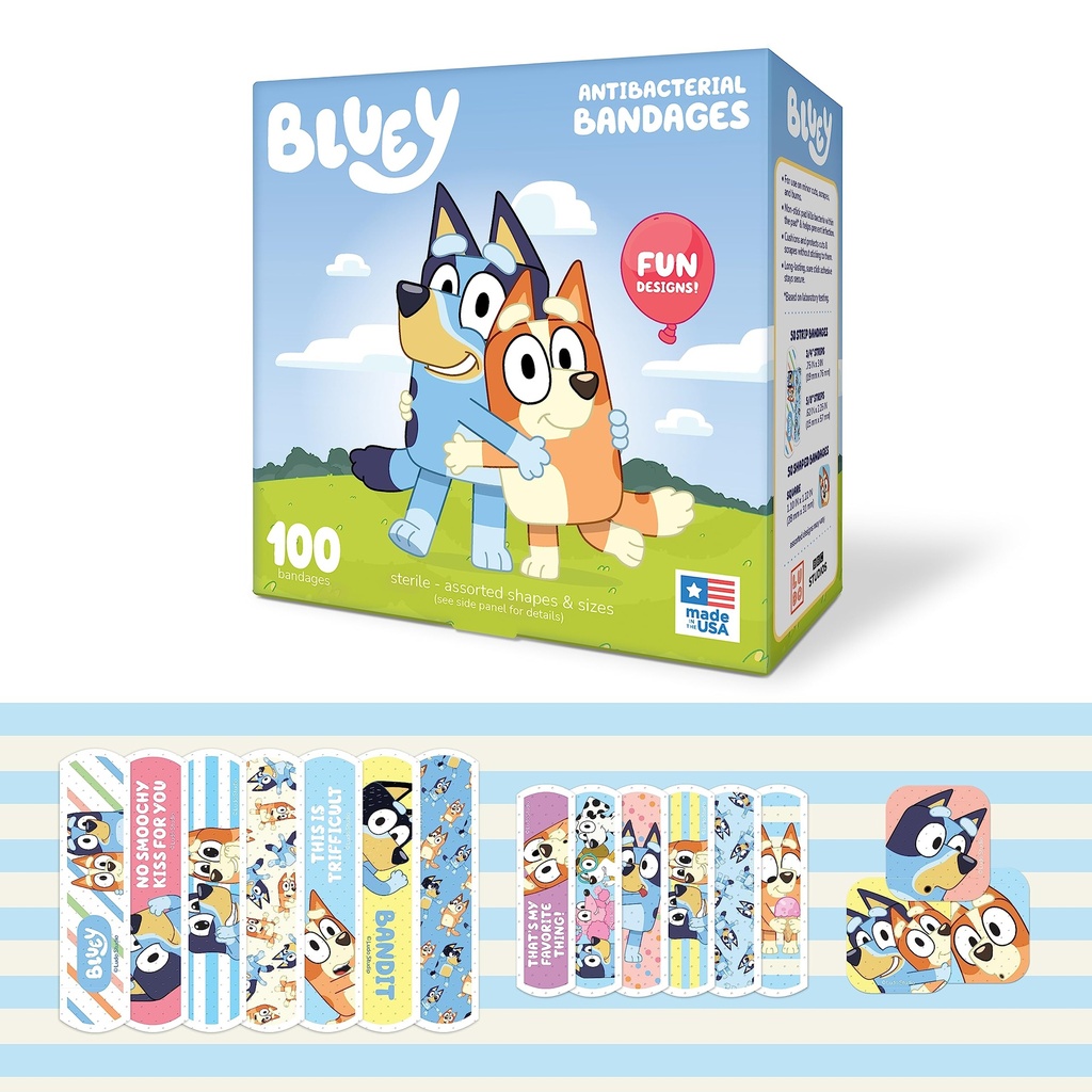 Bluey Kids Bandages, 3 各种大小的 100 CT QQ 类似粘贴的穿戴, 软性粘贴式Bandages for Minor Cuts, Scrapes, and Burns. 伟大的礼物想法和盘托出 Stuffer