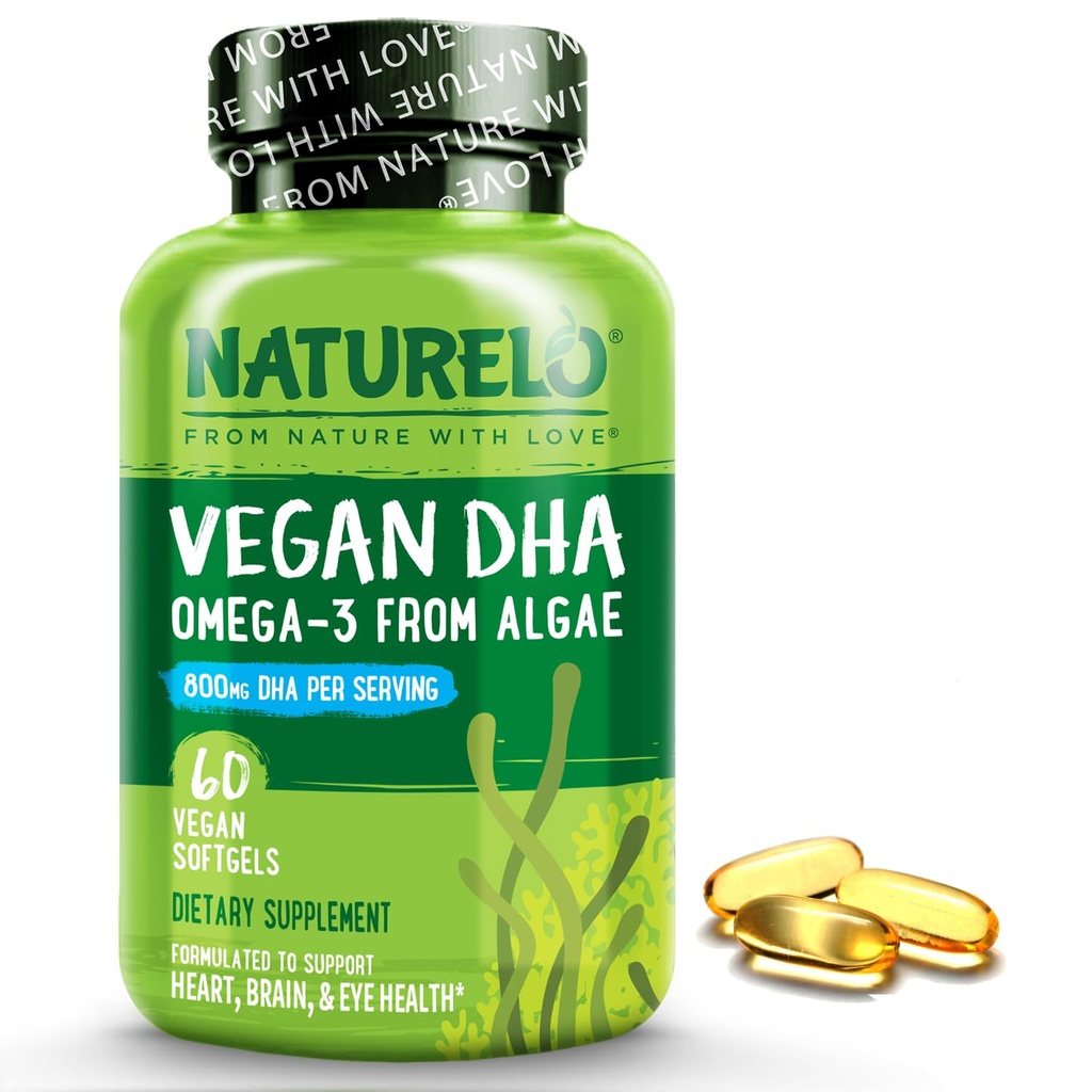 NATURELO VAGAN DHA - Omega 3 来自藻类的油 - 大脑,心脏,联合,眼部健康的补充 - 为女性,男子和儿童提供基本脂肪酸 - 补充产前维生素 - 60软胶
