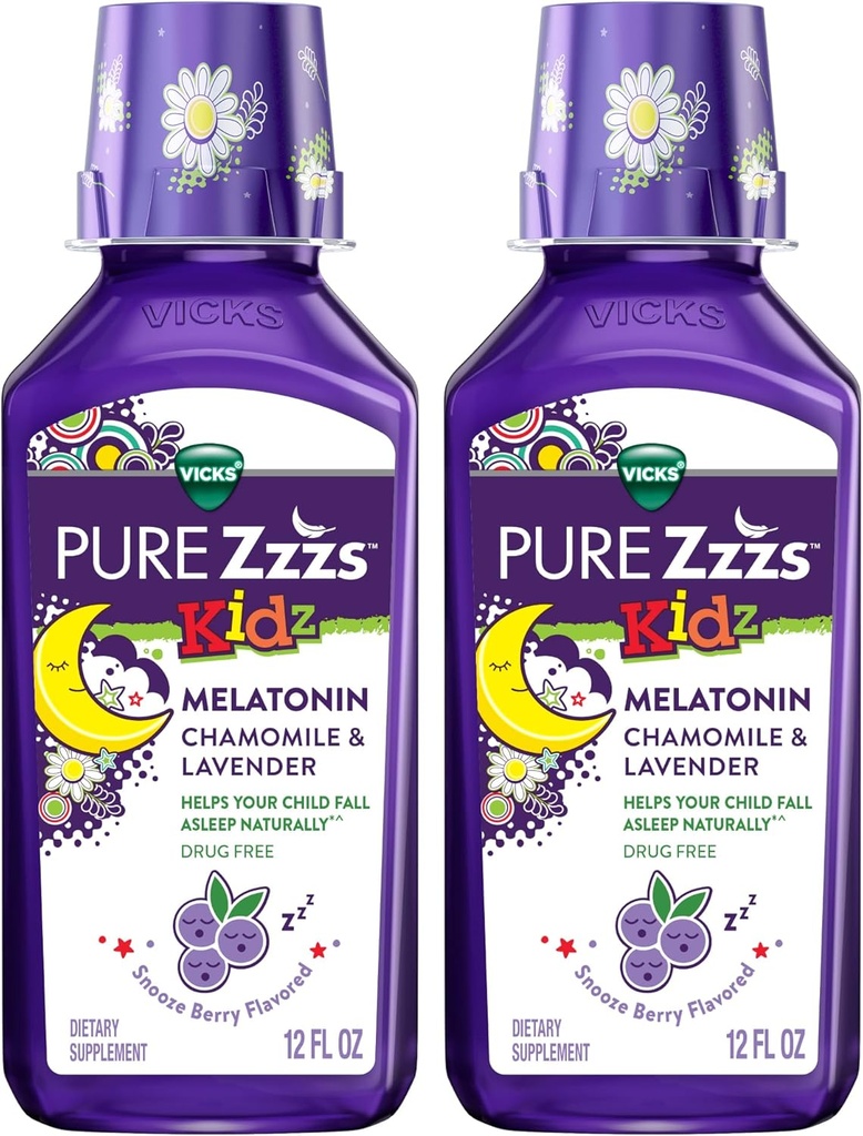 Vicks Pure Zzzs Kidz Melatonin,儿童梅拉托宁液体,睡眠援助,无药,液体梅拉托宁1mg,配有Chamomile & Lavender,梅拉托宁儿童睡眠援助,Snooze Berry Flawared,2 Pack,24 FL OZ