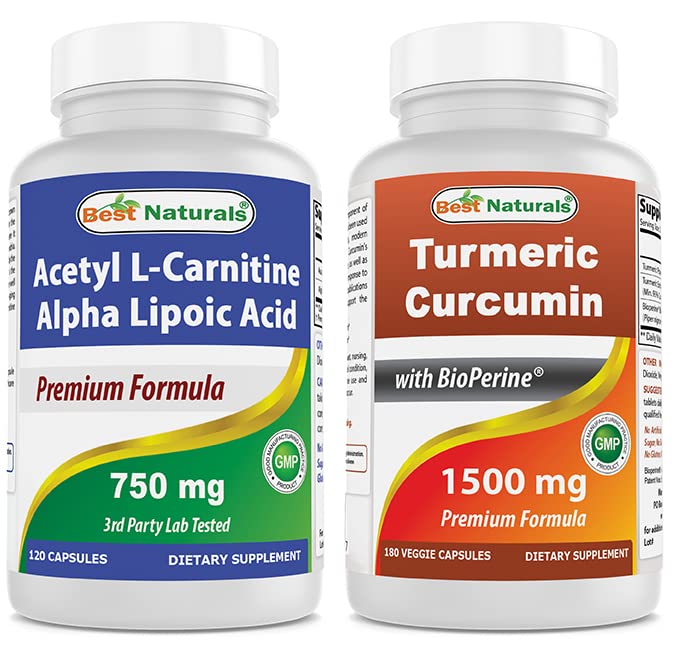 最佳天然乙酰L-Carnitine和Alpha Lipoic酸 750 mg & Turmeric Curcumin 1500mg/与生物丙烯一起服务