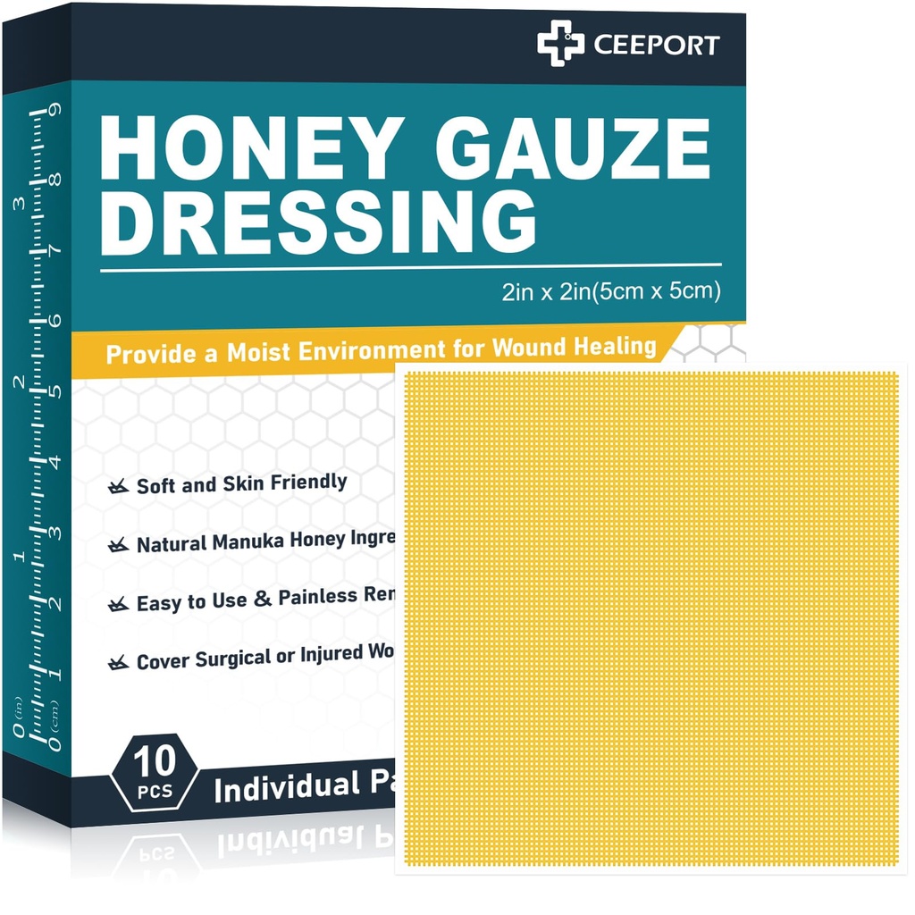 Manuka Honey Gauze 伤口穿戴2"×2",10 Pack Manuka 蜂蜜伤口护理罩,医用级蜂蜜带用于伤者护理,蜂蜜补丁用于从Burns,Abrasions,Cuts和Scalds更快治愈.