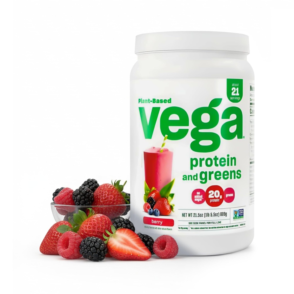 Vega蛋白质和绿素蛋白粉,Berry - 20g 植物基蛋白质+ Veggies, Vegan, NN GMO, Pea protein for Men, 1.3 lbs (包装 May Vary)