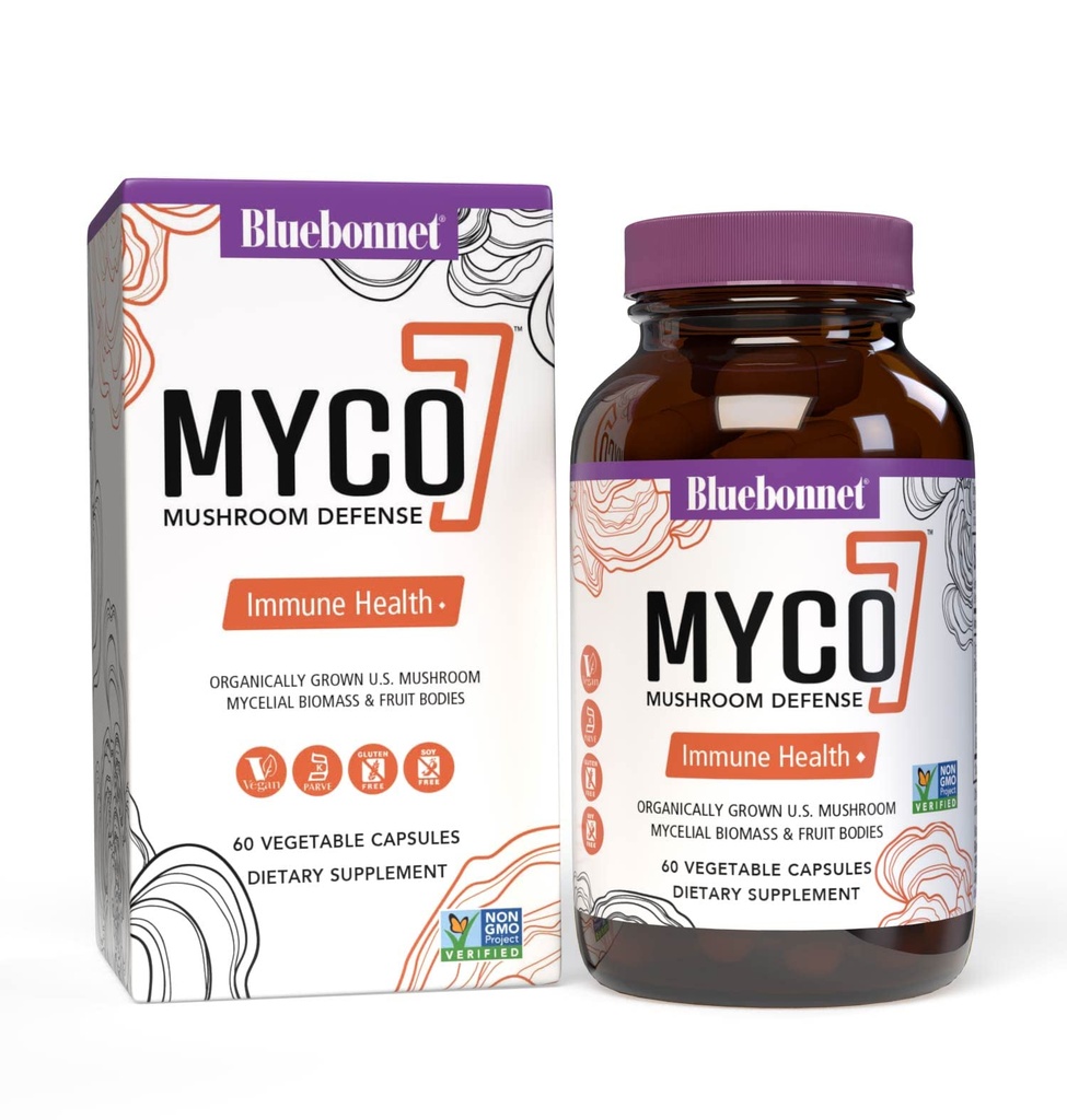 BlueBonnet 营养 Myco-7 蘑菇防御 — 7 有机生长的美国整体,全循环蘑菇 — 为Imune & Wellness — 无豆,无胶,非GMO,Kosher,和Vegan — 60 蔬菜卡普尔