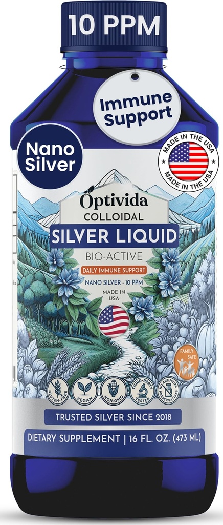 Optivida Health Nano Colloidal Silver Liquid (1LB) – 配有银水溶液的免疫辅助剂,液化支持液,液化支持液,液化支持液系统,10 PPM.