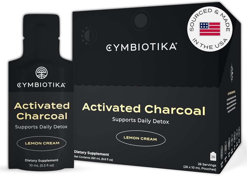 CYMBIOTIKA 激活的木炭液体补充包 来自椰子,用于布局,古特健康与消化支持,帮助解毒,维生素E,柠檬汁Flavor,Vegan,26 Pack