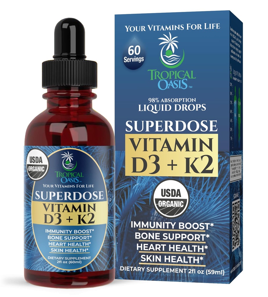 USDA 有机液体维生素 D3 K2 成人的滴水量 超剂量 8000IU 纯维生素 D3 → 60 Serve → 维生素 D K2 免疫支持与骨质健康补充 98% 吸收 → Vegan,非GMO → 2 Fl Oz