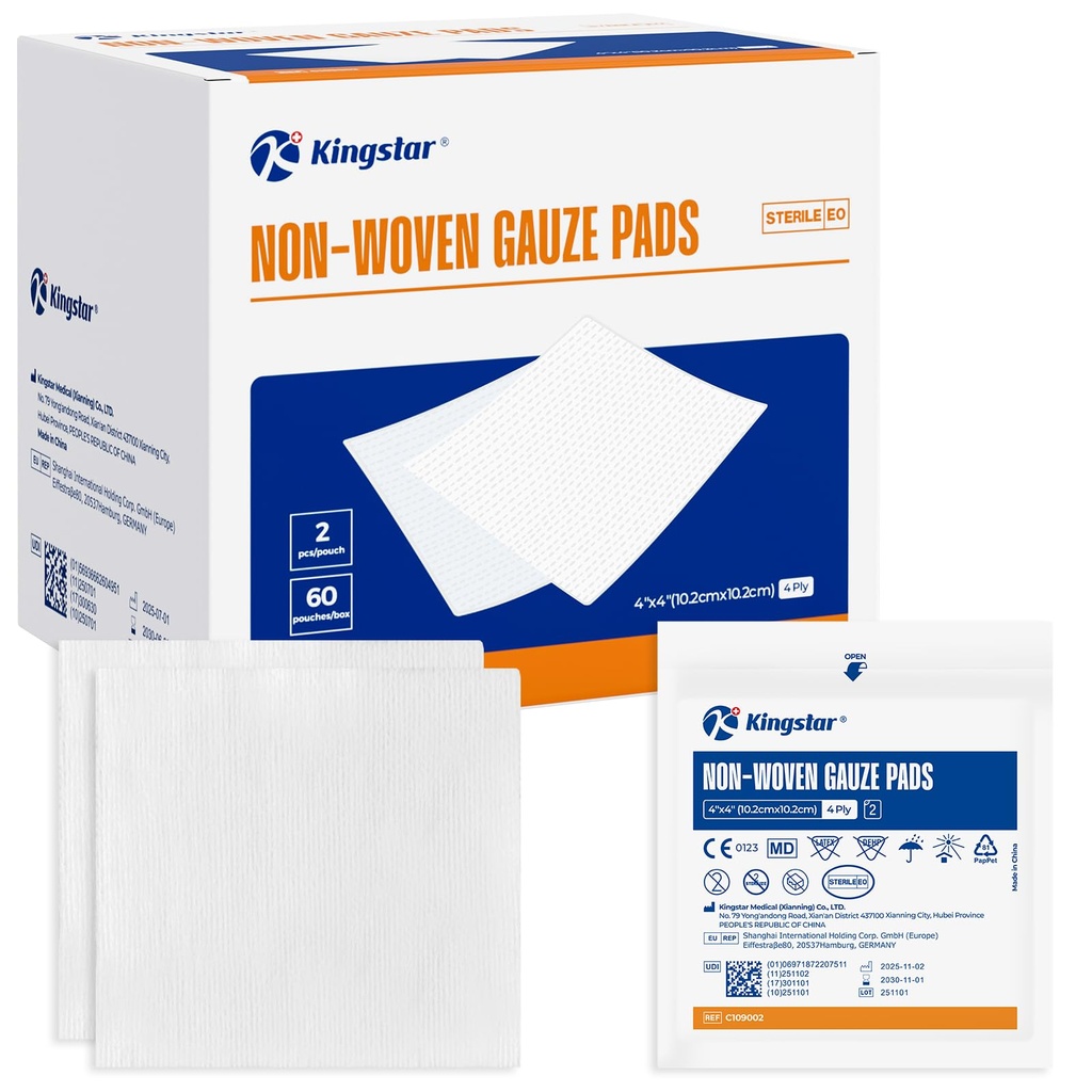 Kingstar Sterile Nonwoven Gauze Pades, 4"x 4" 伤痕穿戴, 60 Packs - 120 Picks Superior Soft Sponge Pades, 创伤或手术后伤痕的高级Absorbent Gauze压缩器