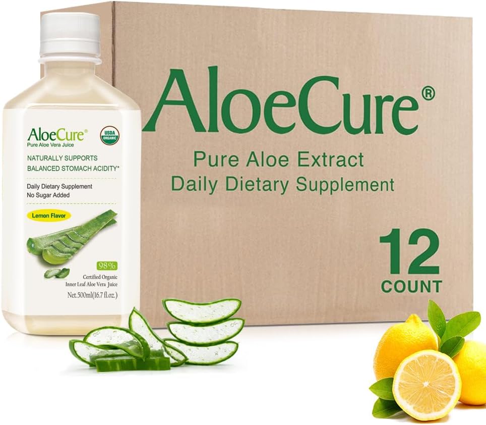 AloeCure USDA 有机Aloe Vera Juice Lemon Flavor - 在收获12小时内制作 - 平衡胃酸的自然消化补充 - 支持消化和免疫健康,12 Btls x 16.7oz