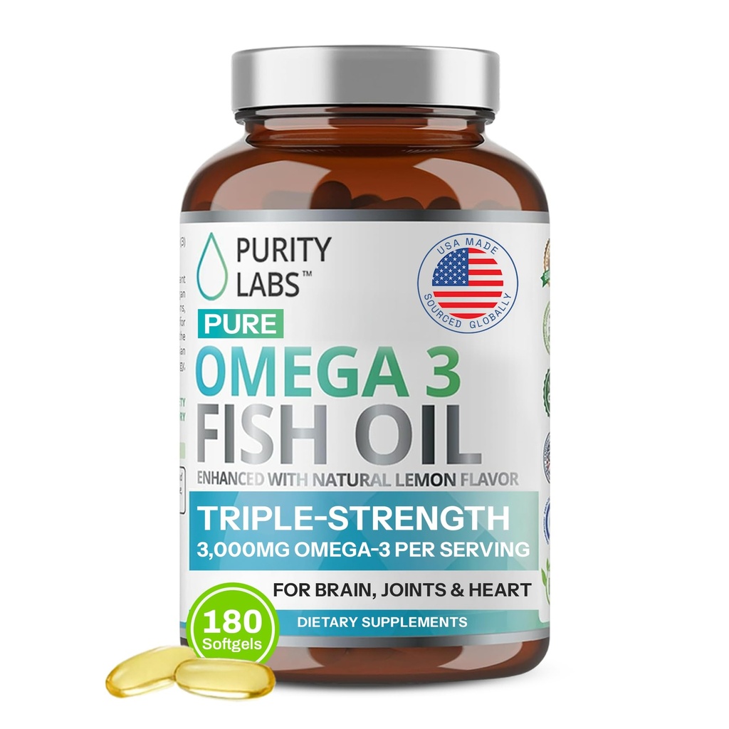 纯度实验室 Omega 3 鱼油 3000mg – DHA & EPA Omega 3 支持心脏和大脑健康的脂肪酸补充剂 - 免疫支持补充剂 - 180 软胶(60种服务)