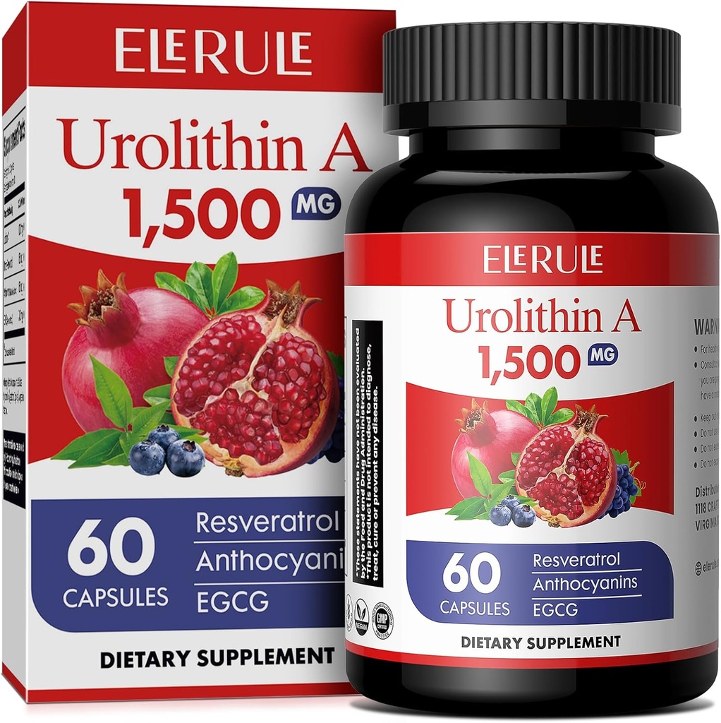 Urolithin A Supplement 1000 mg Plus Trans-Resveratrol, Anthocyanins, Green Tea,促进健康老龄化,支持手机和男女能源,60卡普尔
