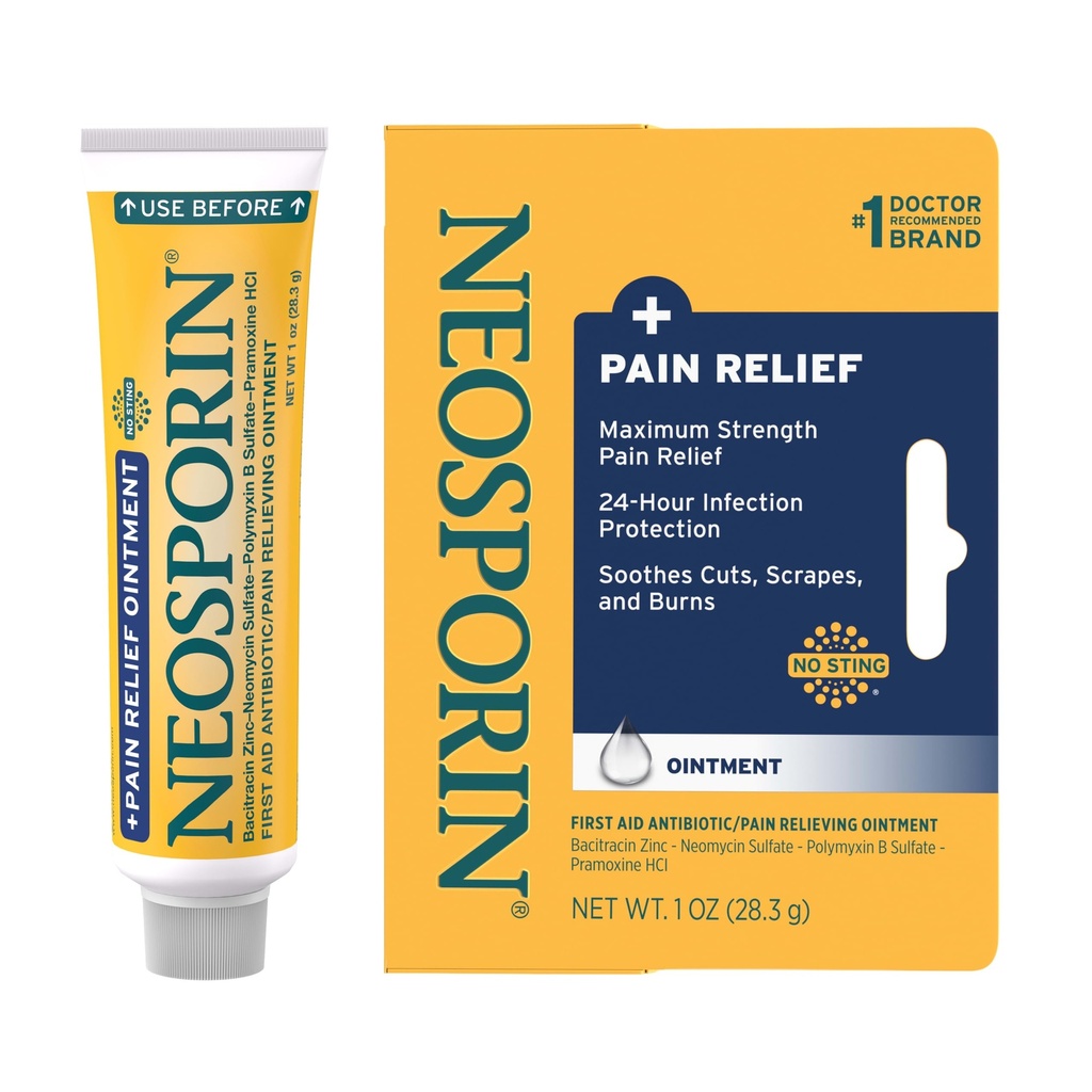 Neosporin + 最大- Strength 三联抗生素药膏加减痛药,双行动急救伤者护理,Pramoxine HCl的无刺公式,Bacitracin Zinc, 1 oz 单管