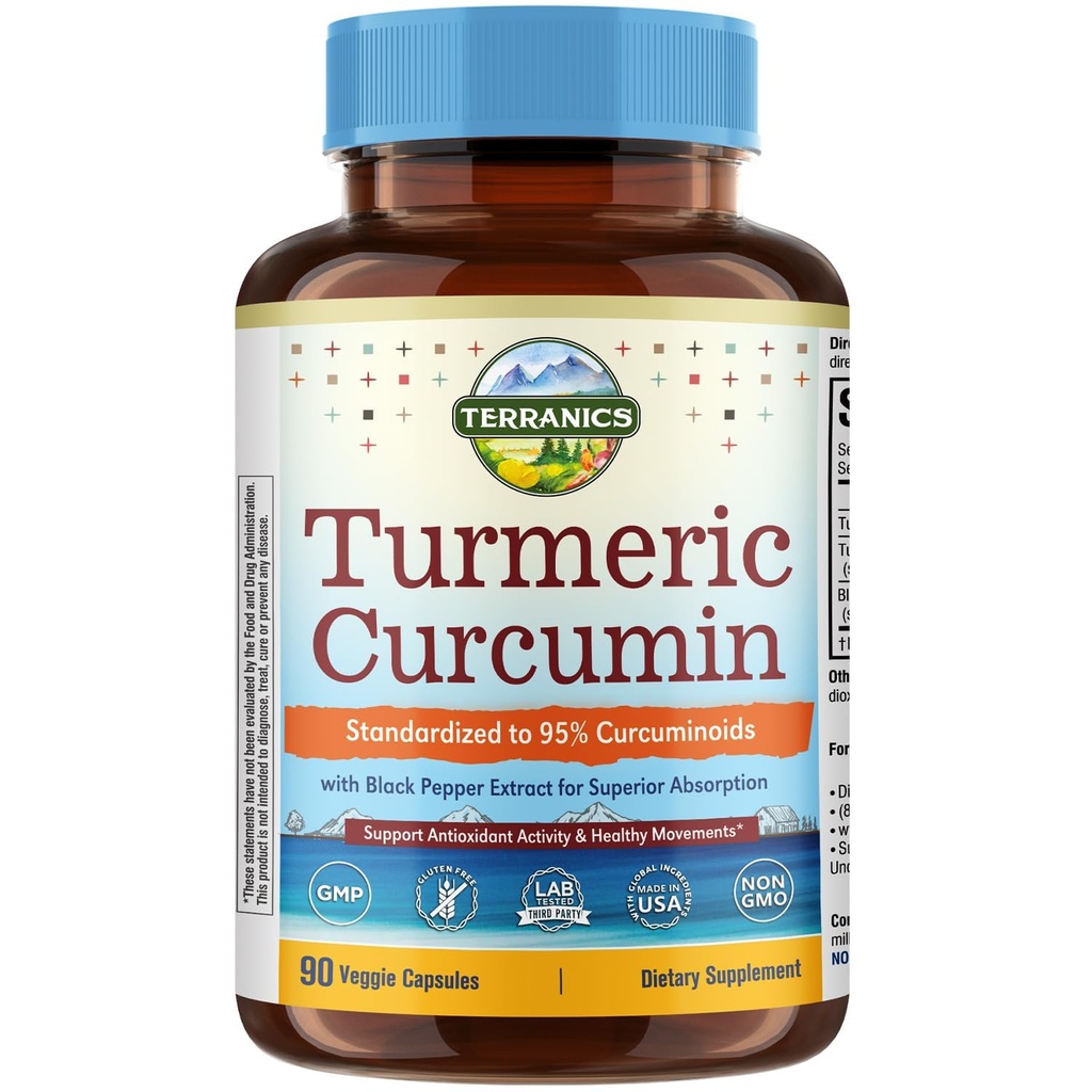 Turmeric Curcumin Supplement 1800mg,最大吸收的黑椒15mg,95% Curcuminoids,流动和抗氧化剂支持,美国制造,N-GMO, No Gluten, 90 Vegan Capsules
