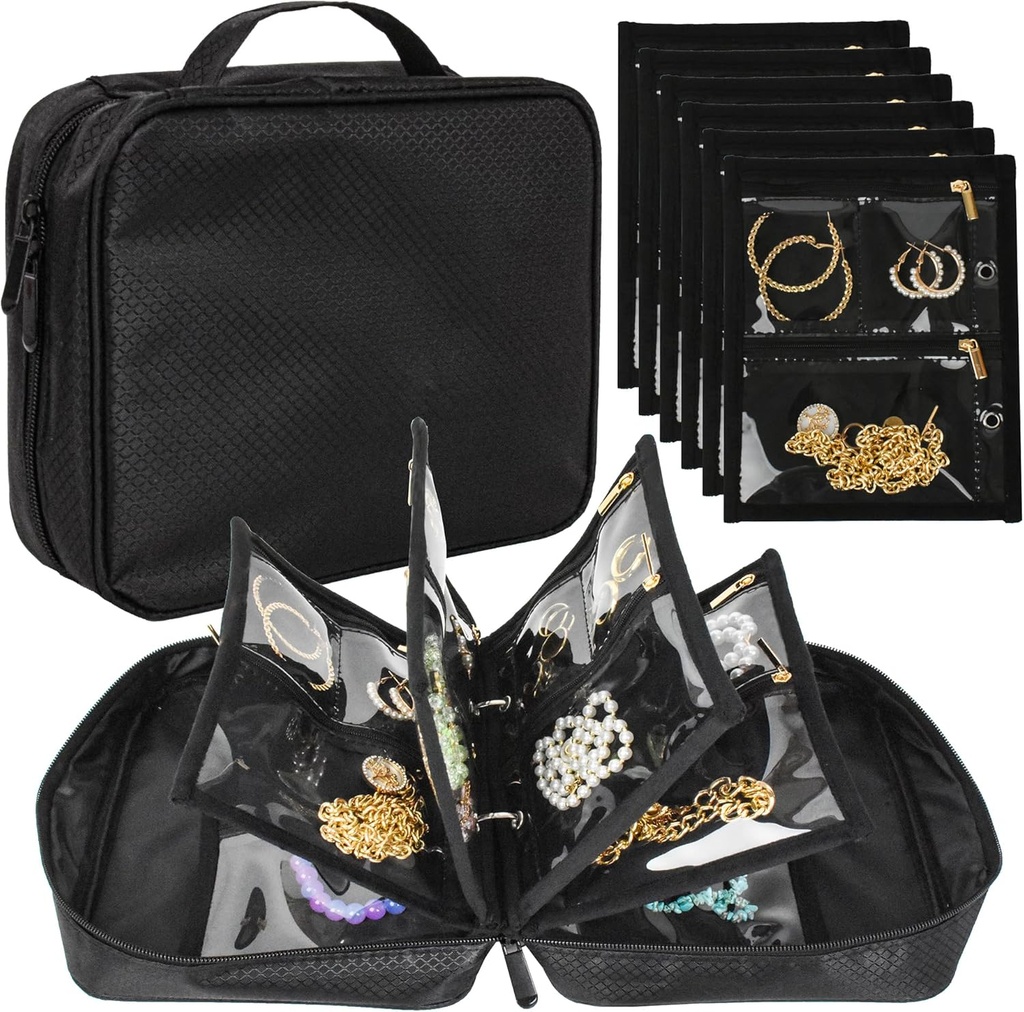 旅行珠宝组织者案, Jewelry Bags 珠宝存储簿 Binder 带有 Clear Zipper Velvet 邮袋用于旅行, Earrings, Rings, Necklace, Bracelet 等