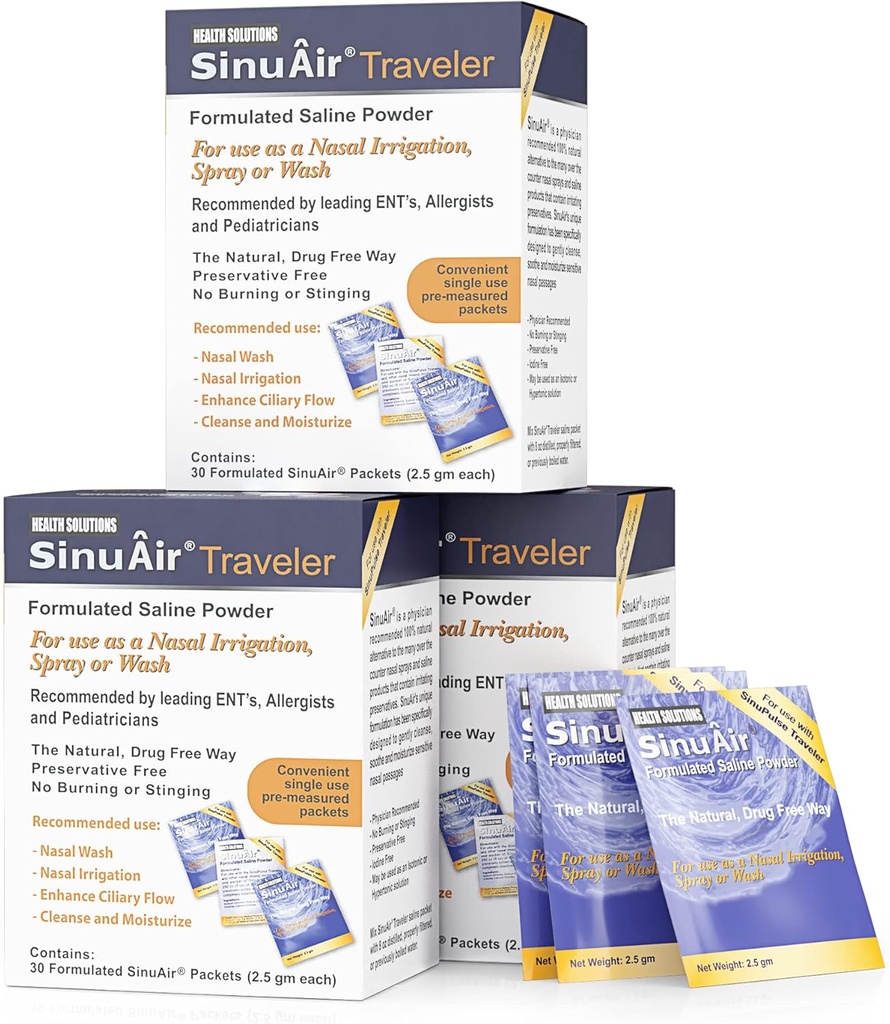 SinuAir 2.5 Gram Saline Packets - 含钾和钙的氯化钠,用于鼻灌溉机的盐溶粉再填包,90 Packets
