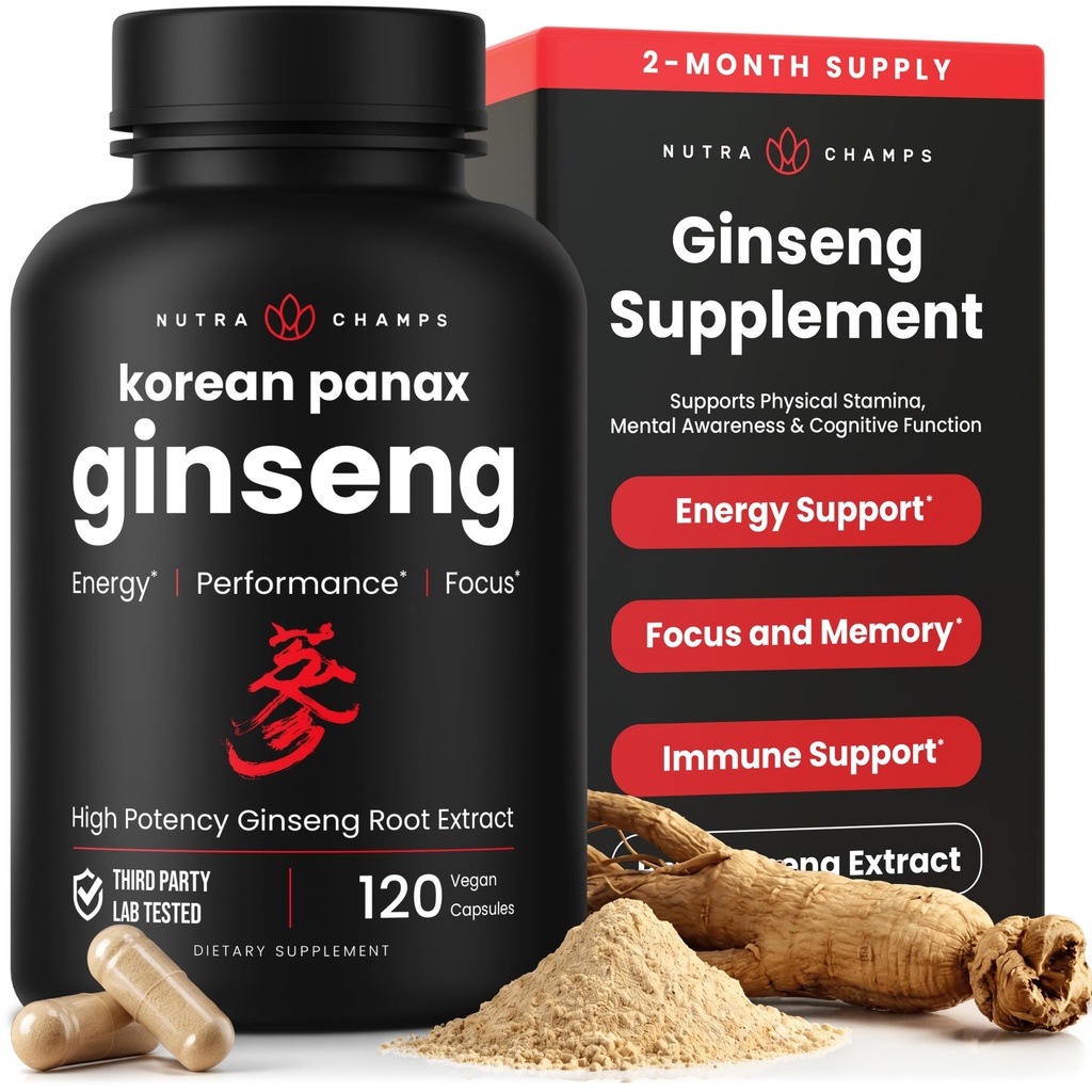 NutraChamps 韩国红Panax Ginseng Capsules + 外强 Ginsenosides 能源,焦点,性能,生命力和免疫支持 + 韩国金森根提取(120,红)