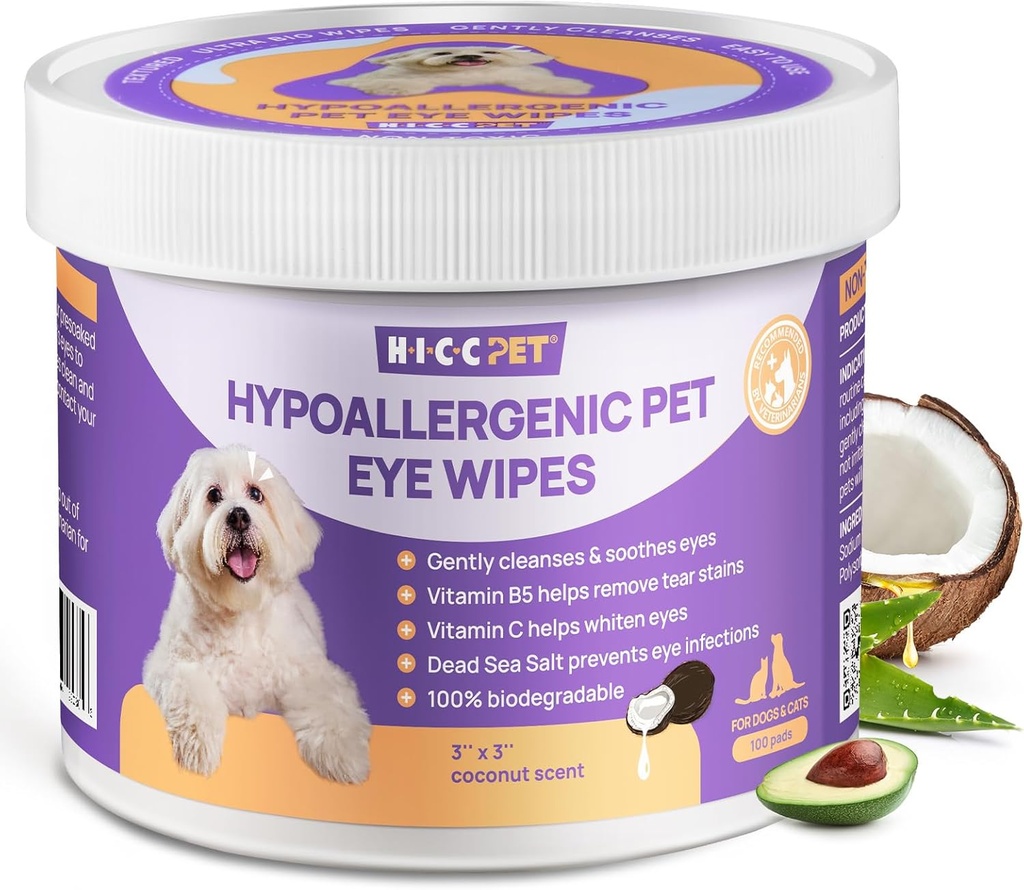 HICC PET 狗和猫眼擦拭、兽类推荐的狗眼感染治疗、轻度去除眼泪、碎片、排出物 - 假阳性宠物眼洗涤器,用于眼睛、皱纹、面部-100pcs