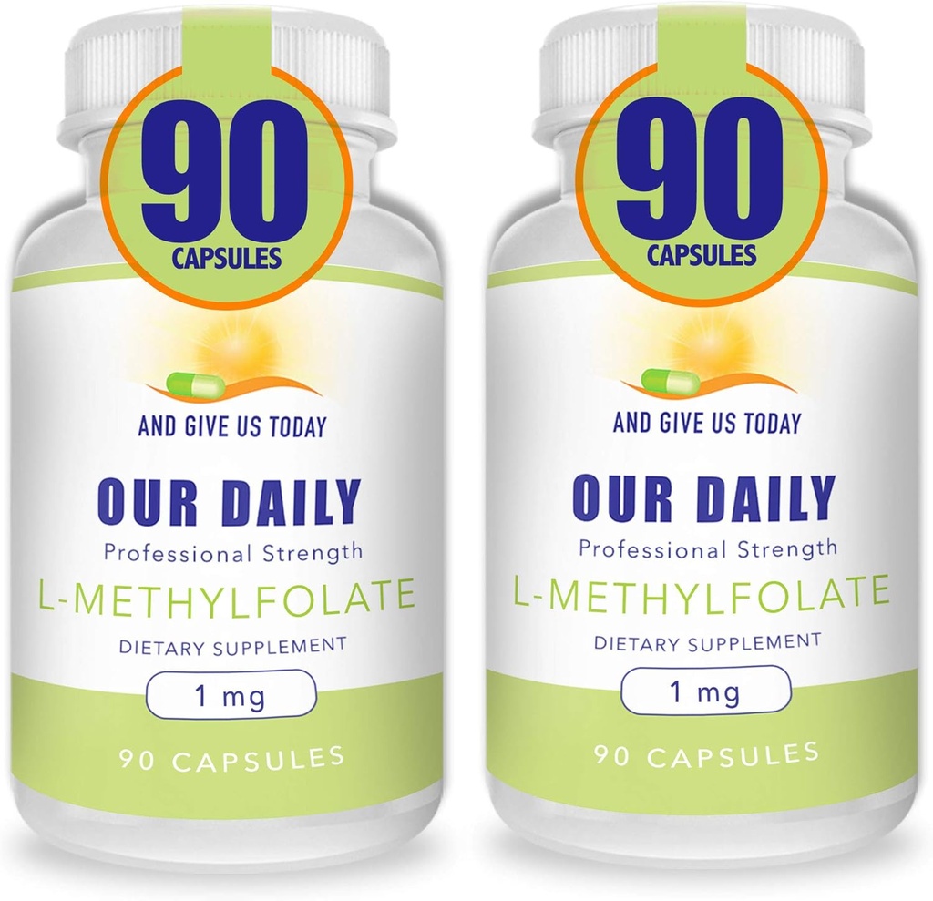 我们的每日Vites L-Methylfolate 1 mg / 1000 mcg 最大强度活性Folate, 5 MTHF, Filler Free, Gluten Free, Non-GMO, Vegetarian Capsules 90 Counter (Pack of 2).