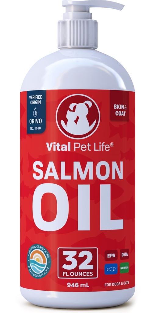 沙门油换狗和猫——健康皮肤和煤,鱼油,Omega 3 EPA DHA,宠物液体食品补充,全天然,支持联合和骨健康,自然过敏和炎症防御,32 oz