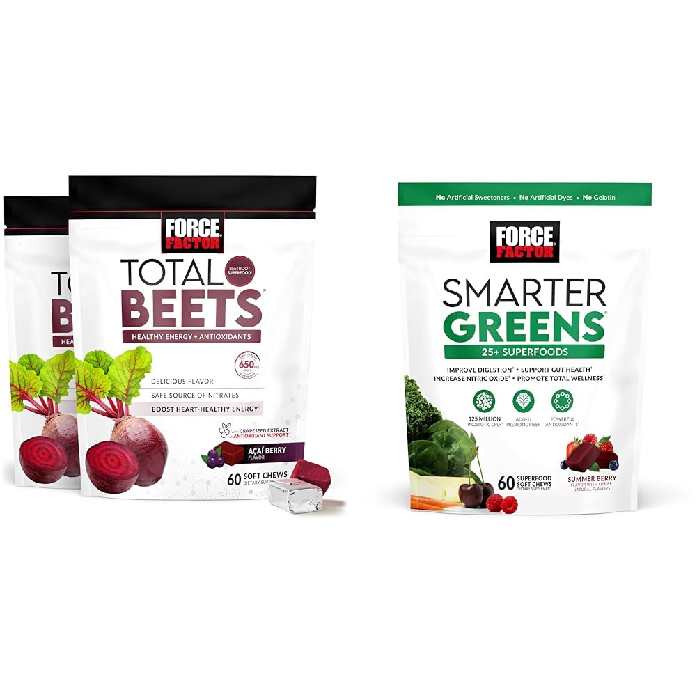 配有比特罗特、葡萄籽提取剂、抗氧化剂、硝酸盐、L-Citrulline、120 Counter、2-Pack和Smarter Greens超级食品 配有25+超食品、Probiotics、抗氧化剂和Fiber 配有60 Counter
