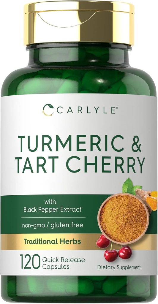 Carlyle Turmeric and Tart Cherry Capsules 120 Counter 配有 Bioperine | Vegetarian, Non-GMO, Gluten Free Supple 配音:卡莱尔·图尔克和塔特·切里·卡普勒斯 120 Counter | 配音:比奥佩林 | Vegetarian, Non-GMO, Gluten 免费补编