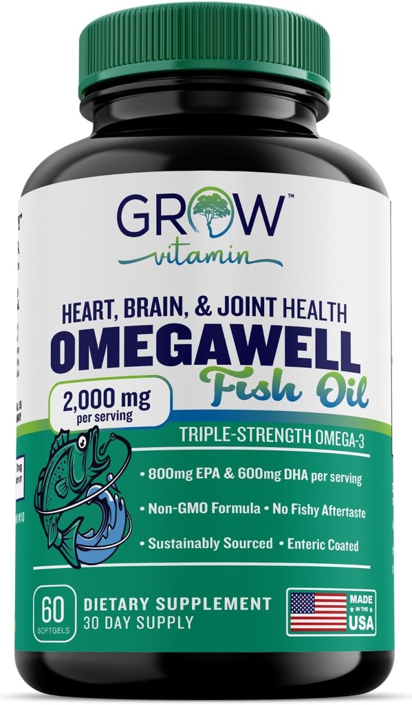 生长维生素三强Omega 3 鱼油,800 mg EPA 600 DHA 心脏,脑和免疫支持,可抑制三强,可持续来源-小型软胶-30天供应