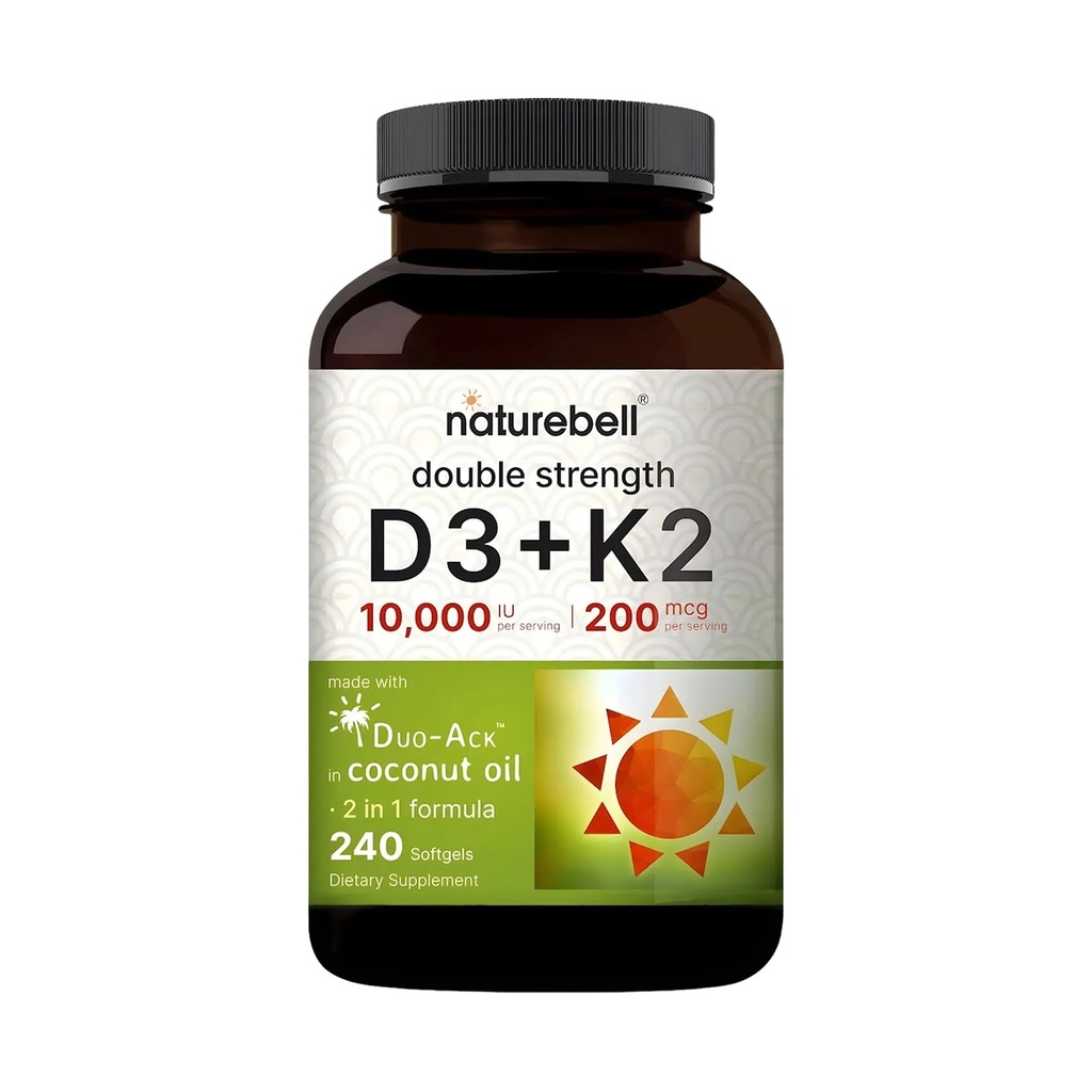 NatureBell 维生素双强 D3 + K2-240 软胶 - 10,000 IU 维生素 D 和 200mcg K2 - Bone 强力, Immune 函数和钙吸收支持 * - 椰油注入