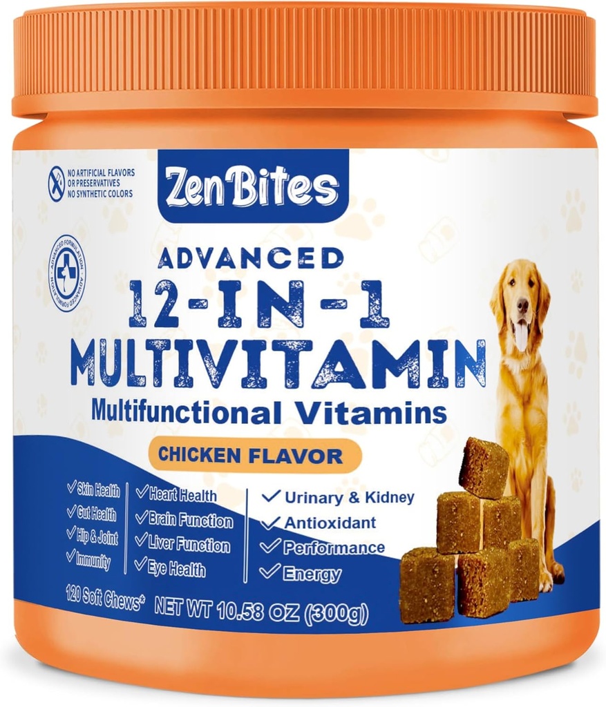 12in-1 狗维生素 & Probiotics 120 Soft Chews - 有机多维胺与Glucosamine for Dogs - 联合支持所有年龄的狗,Sizes, & Breeds, 支持皮肤, Heart,免疫
