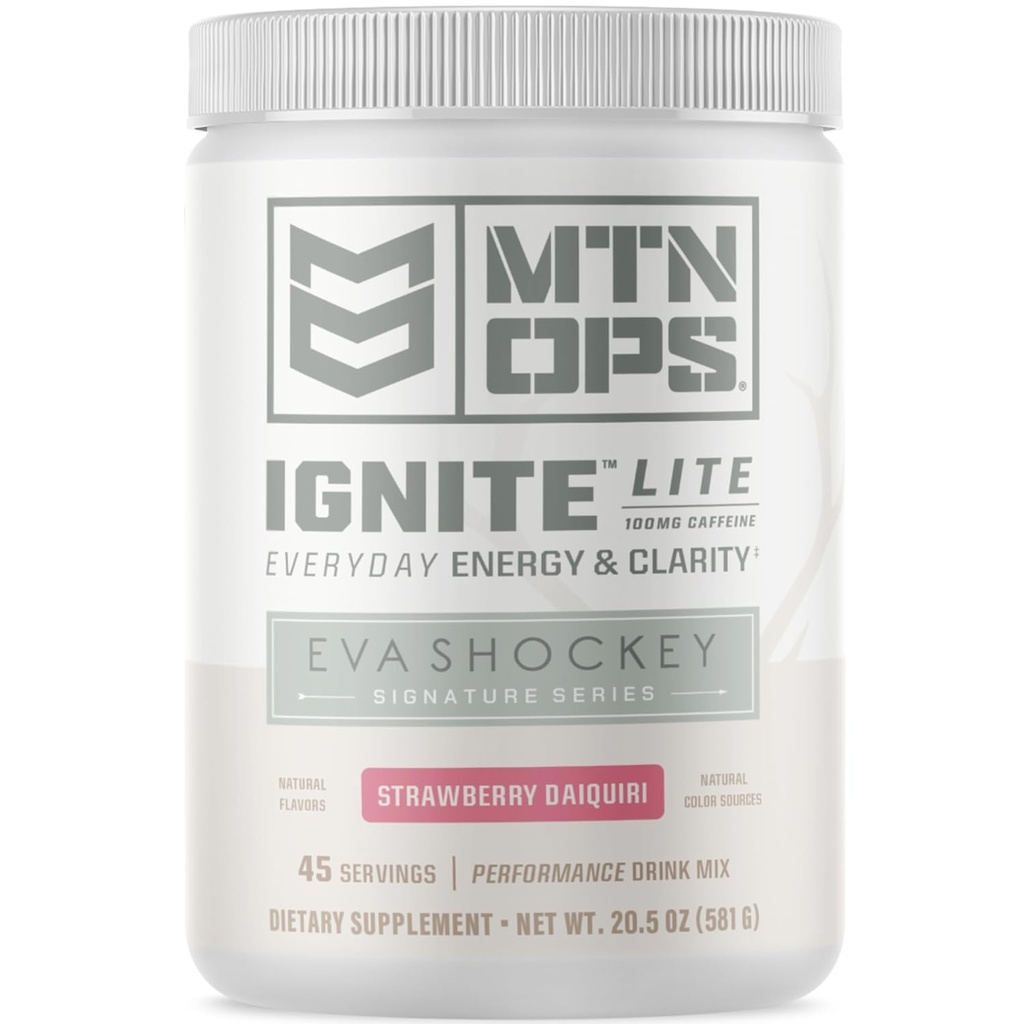 MTN OPS Ignite Lite Energy Drinking Powder Gluten Free Nitric Oxide 补充 Drink Mix, L Arginine, L Citrulline, Cafeine & Nootropic Sugar Free Drink Mix, 45 services, Strawberry Daiquiri Flavor by Eva Shockey