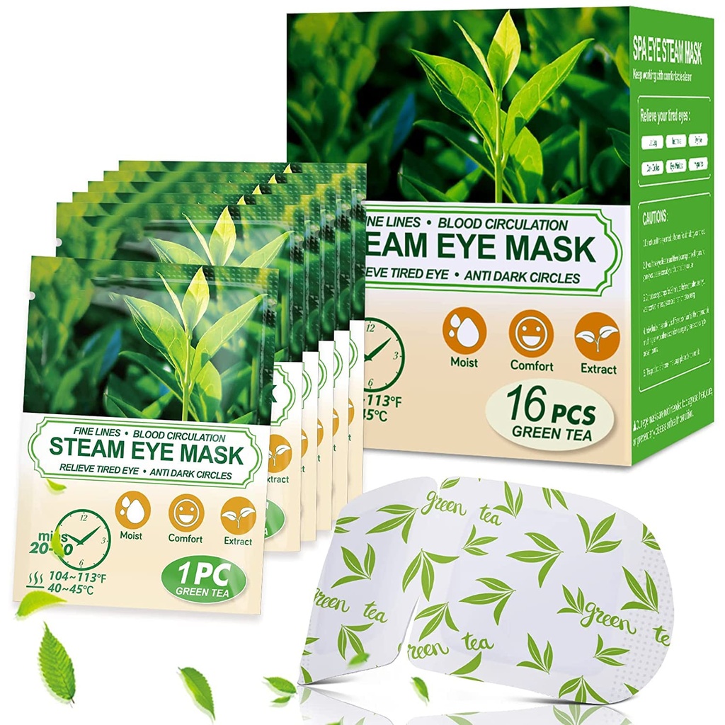 16 Packs Steam Eye Masks for Dry Eyes, Green Tea Warm Eyes Mask, Relief Eye Fatigue & Puffy Eyes, Moist Heating Compress for Eyes, Self Heed Ey Ey Mask, 可拆卸的旅行要点和放松设定