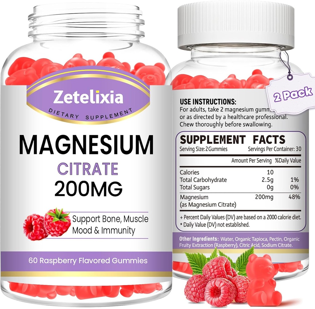 2 Pack Magnesium Citrate Gummys, 成人高吸收性镁 Gummys, 肌肉和牙齿支持, Vegan 天然树莓 Flavor 120 Cts