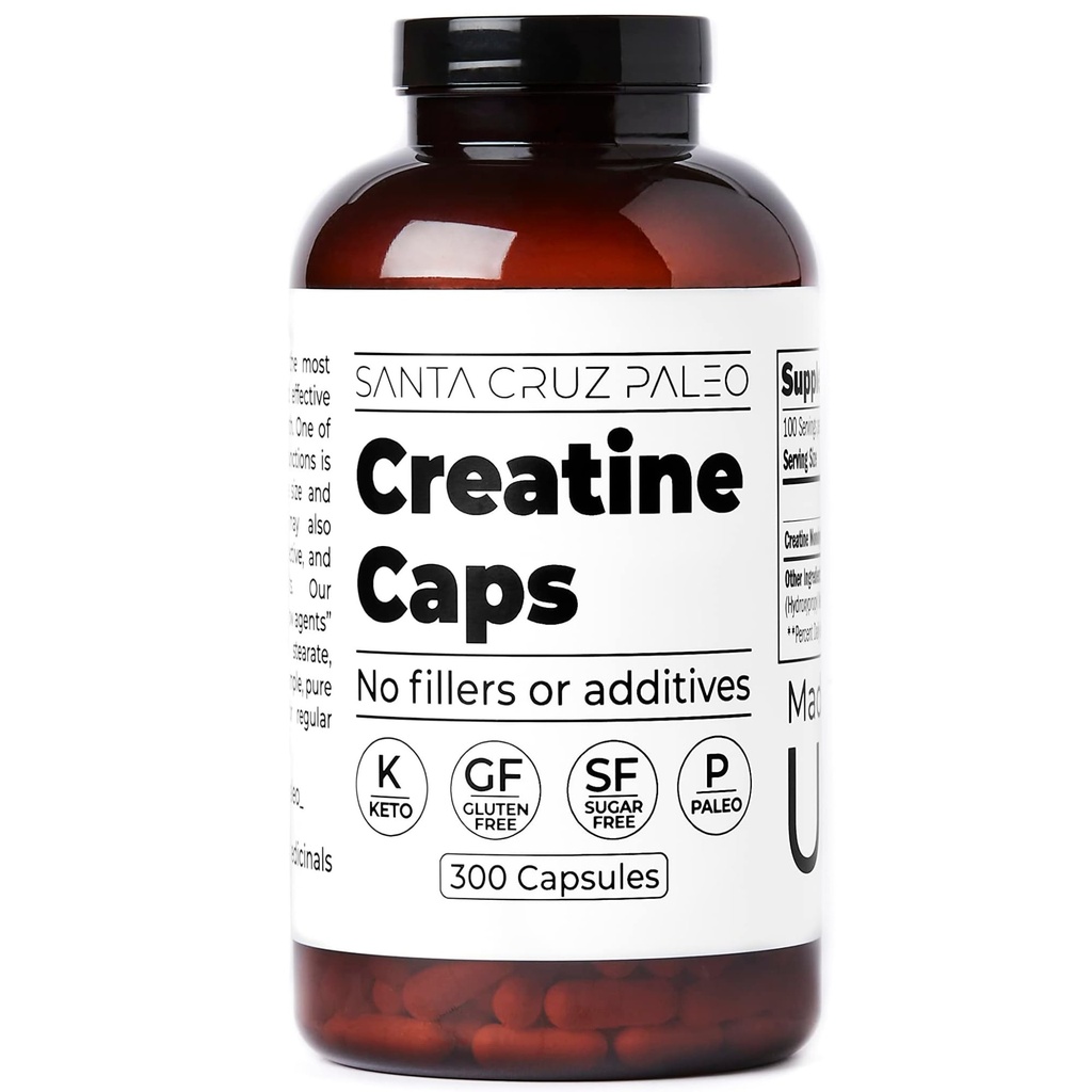 圣克鲁斯Paleo Creatine Capsules, 支持肌肉生长与能源, Gluten Free, Keto, 无糖, Paleo, 不填充剂或添加剂, Creatine Monohdryate Pills, 2500mg, 100 services, 300 capsules