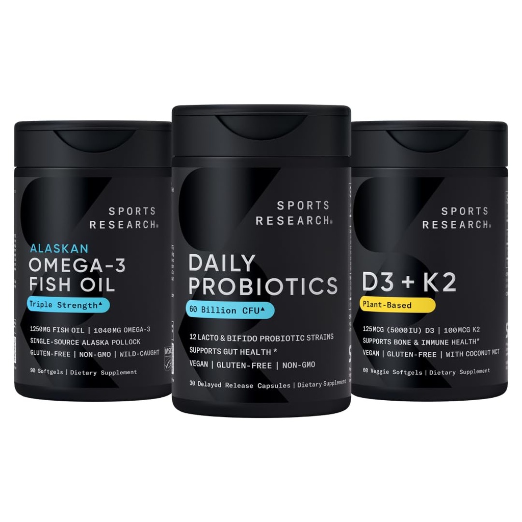 体育研究 野生阿拉斯加 Pollock Omega 3 Fish Oil 90 Softgels (1250 mg) + Vegan Probiotics with Prebiotics, 60亿 CMU (30 Softgels) + 500 IU 维生素D + 100 mcg Mk7 维生素K (60 Softgels)