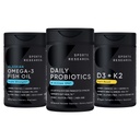 体育研究 野生阿拉斯加 Pollock Omega 3 Fish Oil 90 Softgels (1250 mg) + Vegan Probiotics with Prebiotics, 60亿 CMU (30 Softgels) + 500 IU 维生素D + 100 mcg Mk7 维生素K (60 Softgels)