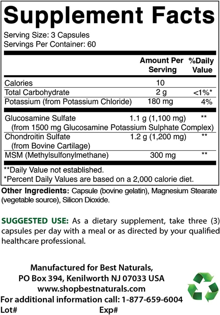 最佳天然Glucosamine Chondroitin和MSM与维生素D3 2000 IU