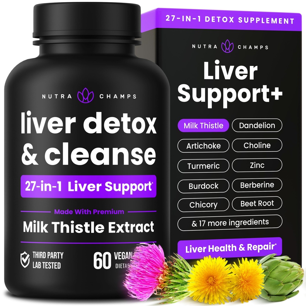 NutraChamps Liver Cleanse Detox & Reference Formula, 20+ Herbs: 牛奶硝酸盐提取剂与西利马林, Artichoke, Dandelion, 奇科里根粉, 肝脏支持药剂补充剂, 60 Capsules