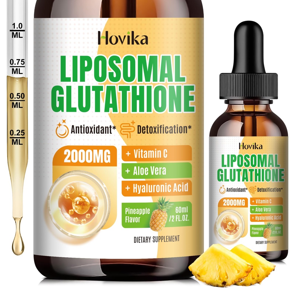 Liposomal Glutathione 补充2000mg,液态Glutathione 滴入维生素C,抗氧化剂用于免疫系统,老化防御,皮肤健康,肝解毒-超级吸收,菠萝2 Fl Oz