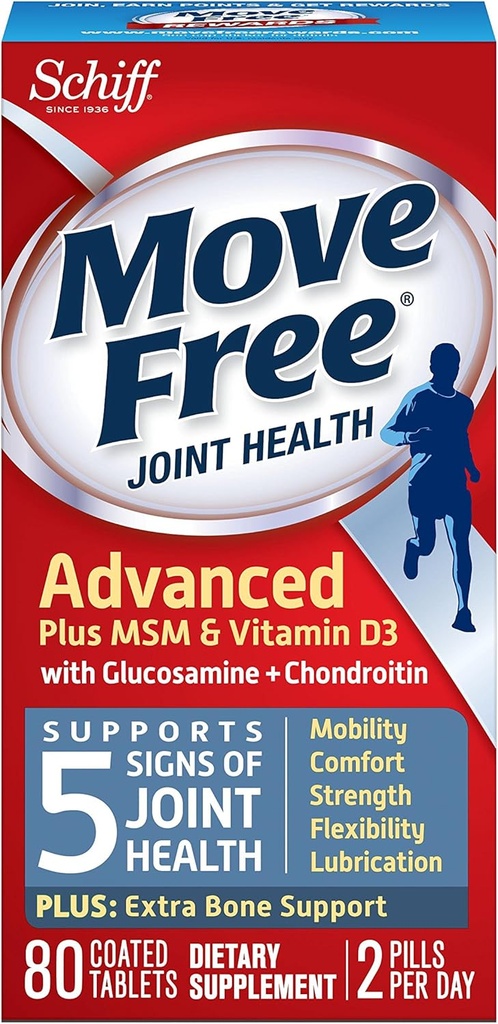 移动自由高级Glucosamine Chondroitin MSM 维生素D3和Hyaluronic酸联合补编,80个计数