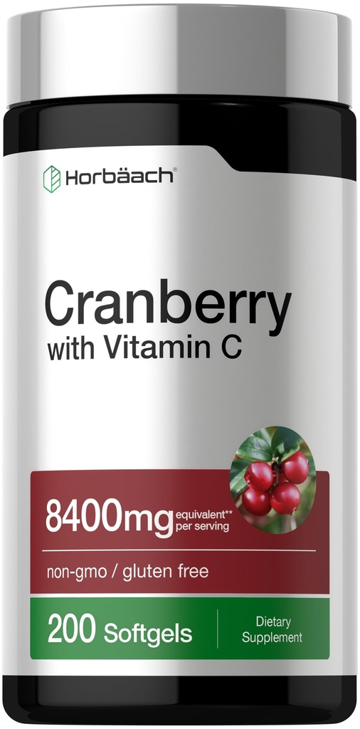 Horbäach Cranberry Pills for Women and Men = 8400mg = 200 Softgels = 与维生素C = Non-GMO, Gluten Free 的摘录补编
