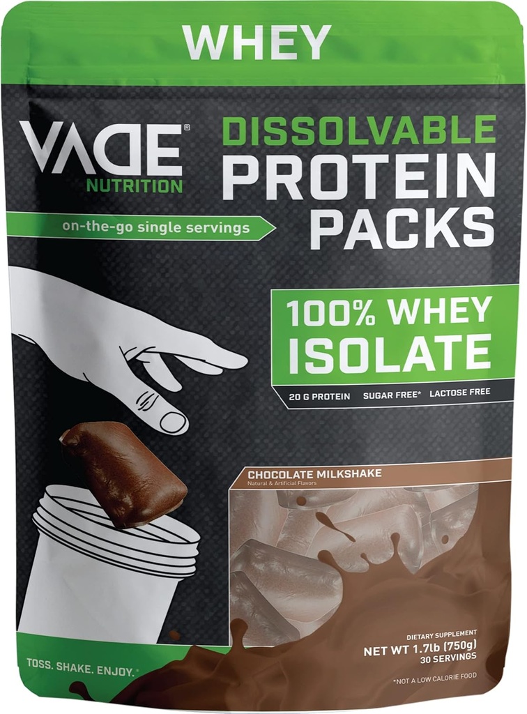 VADE 营养溶解蛋白包 - 100% Whei 隔离蛋白粉 巧克力 奶昔 - 低卡布,低卡路里,无乳糖,无糖,无脂肪,无胶 - 30个包到