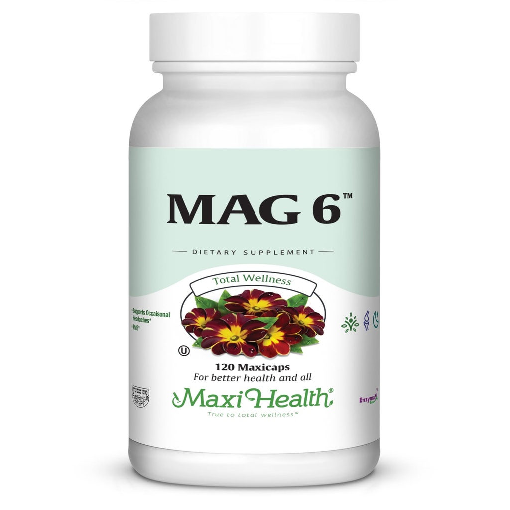 Maxi Health MAG 6 - 含有维生素B6的镁(作为Oxide,Glycnit) -  Migraine,肌肉硬化剂,肾上腺石支持 - 女性和男性镁补充剂 - 120 Capsules - Kosher
