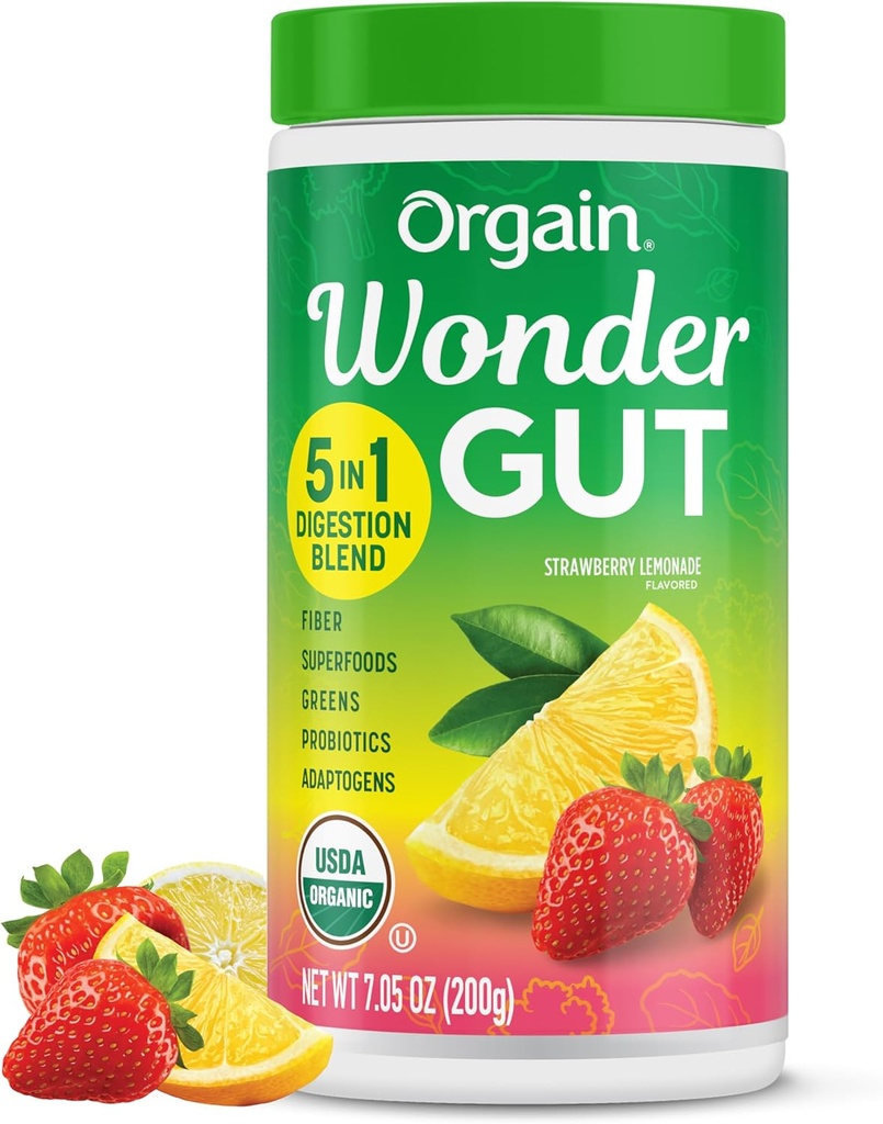 Orgain 有机神奇Gut Fiber 补充粉末 5 in 1 blend 配有 1 亿 Probiotics, Greens, 维生素C, 适应基因 用于Gut 健康和免疫支持, Non-GMO, 草莓柠檬汁, 7.05 oz