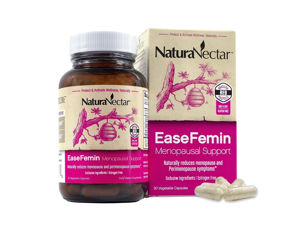 NaturaNectar - EaseFemin Menopausal Supports for Women - Estrogen-Free Red Bee Propolis Capsules for Hot Flashes & Night Sweats - 天然和专有的冷却草药混合剂(30pcs.