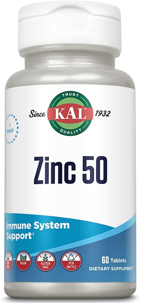 KAL 锌 50mg 氢氧化酸复合物、健康代谢物和免疫支持补充物,配有氧化锌、氯硝酸锌、强化吸收w/AciSorb、Vegan、Gluten Free、N-GMO、60 Serv、60 片