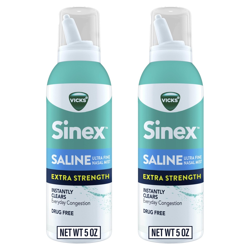 VICKS Sinex Saline Extra Force Nasal Spray, 3X 聚焦* 无毒超细雾, 即时清除 Mucus, Ultra 集中到清除摄入速度, 安全供日常使用, 5 OZ x 2