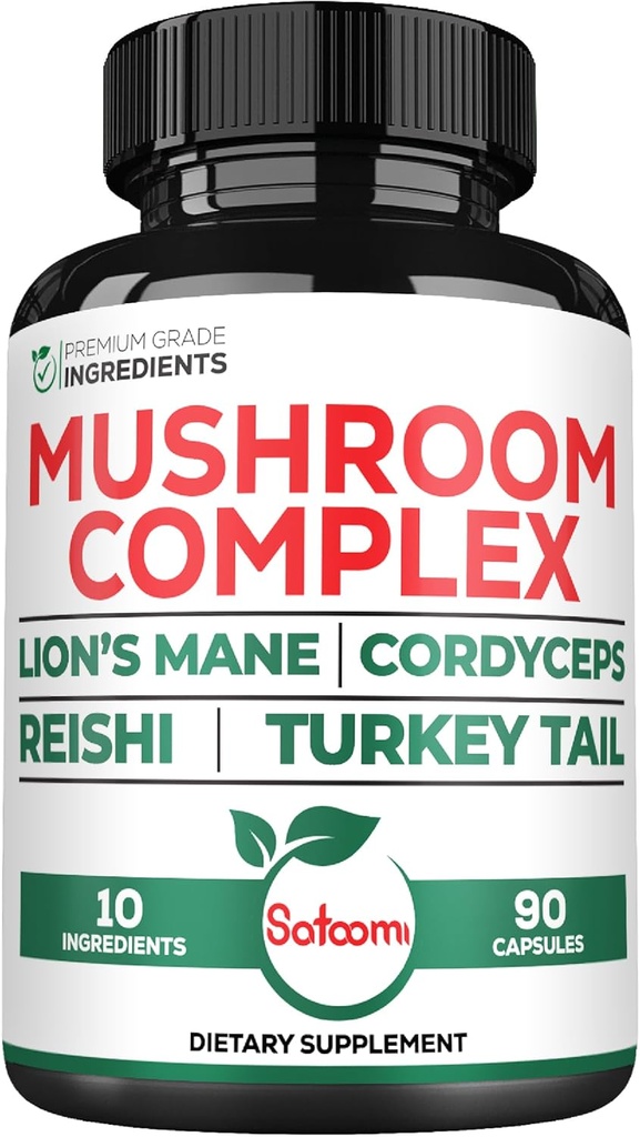 Satoomi 10in1 Lions Mane Supplement Complex - 与 Cordyceps Sinensis, Reishi 蘑菇, Turkey Tail 蘑菇等混合 - 90个月的计算数