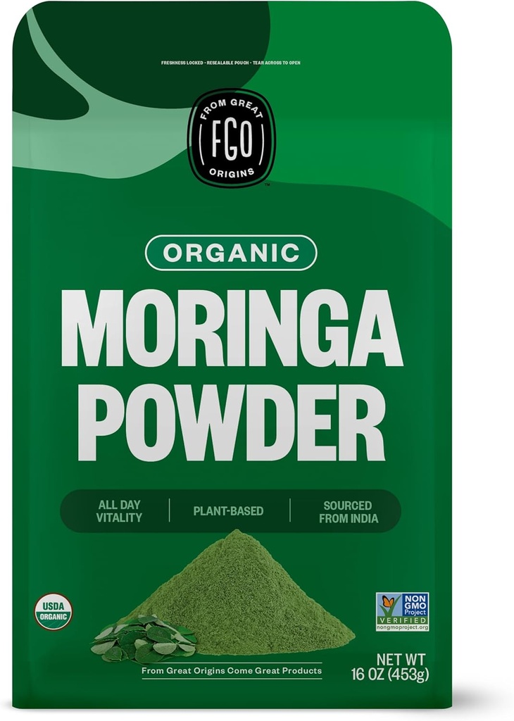 FGO 有机莫林加 Oleifera 叶粉,16oz Bulk 可贮性邮袋,来源于印度,非GMO,包装 May Vary (Pack of 1).