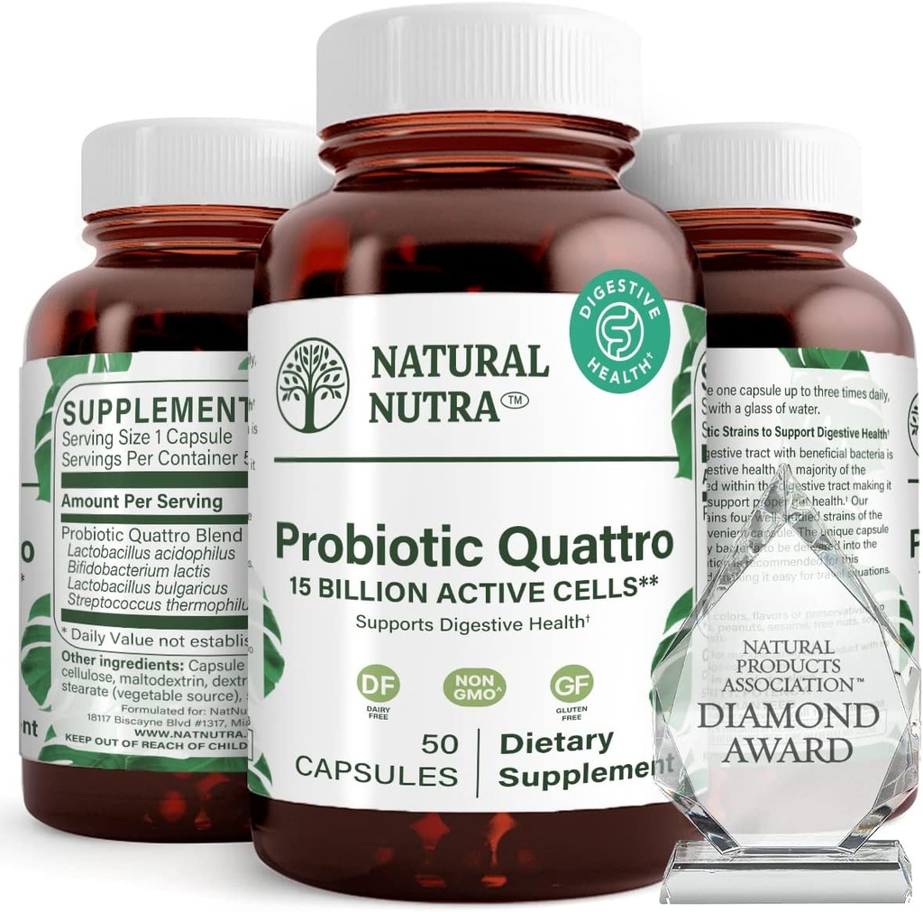 Natural Nutra Probiotro Quattro – 高级Probiotro 配有 4 种强力草原的补品,包括酸性杆菌,比菲杜斯 – 支持消化和免疫健康 – 50 种植物卡普尔